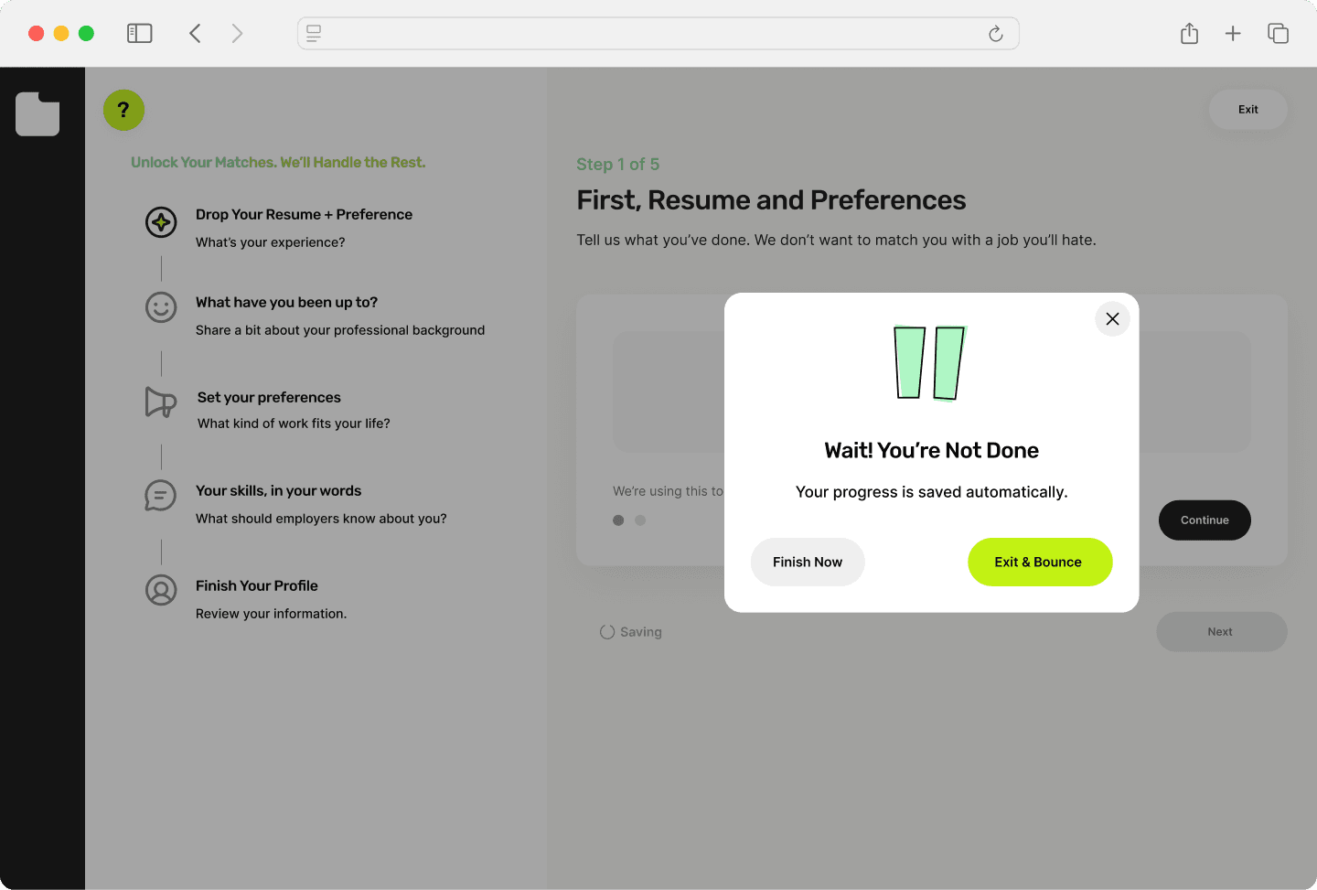 Job Search Marketplace onboarding with Save & Exit: progress saved, leave without losing work