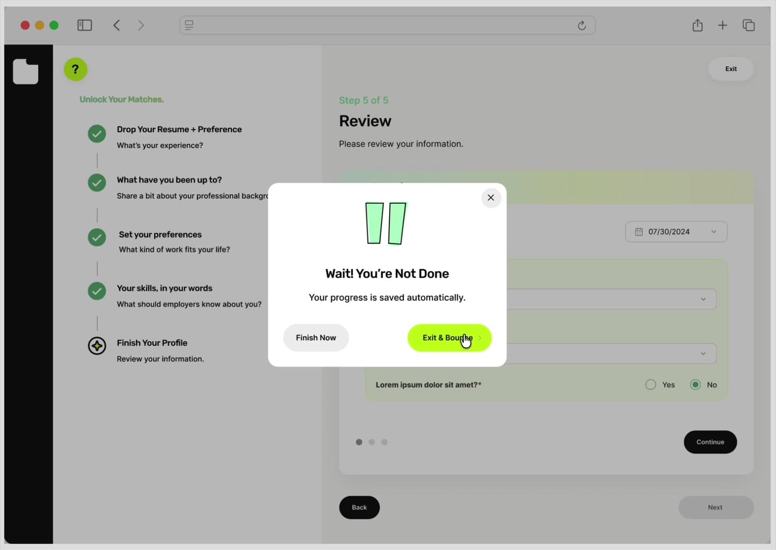 Job Search Marketplace Save & Exit: progress syncs; Exit & Bounce confirms the save