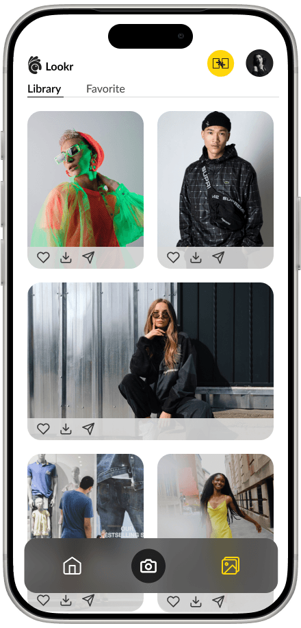 LOOKR in-app gallery with export, keeping the camera roll clear