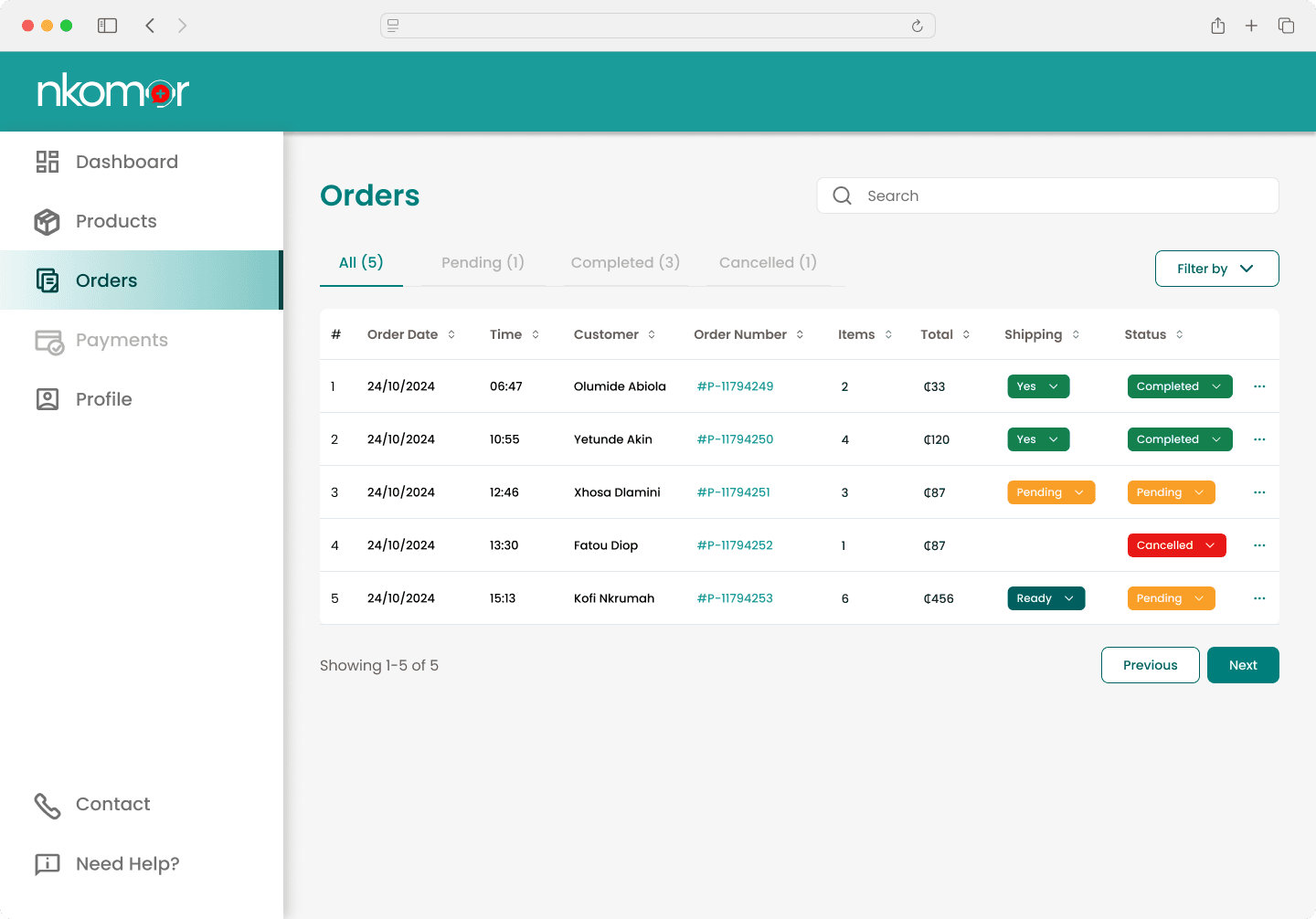 NKOMOR operator orders dashboard — status list used in the partnership pitch
