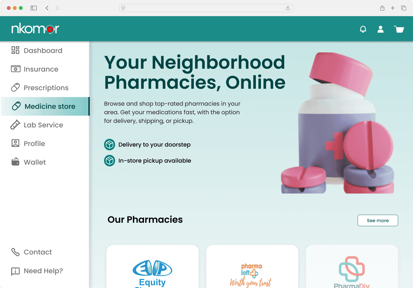NKOMOR consumer pharmacies-first storefront — neighborhood pharmacies online