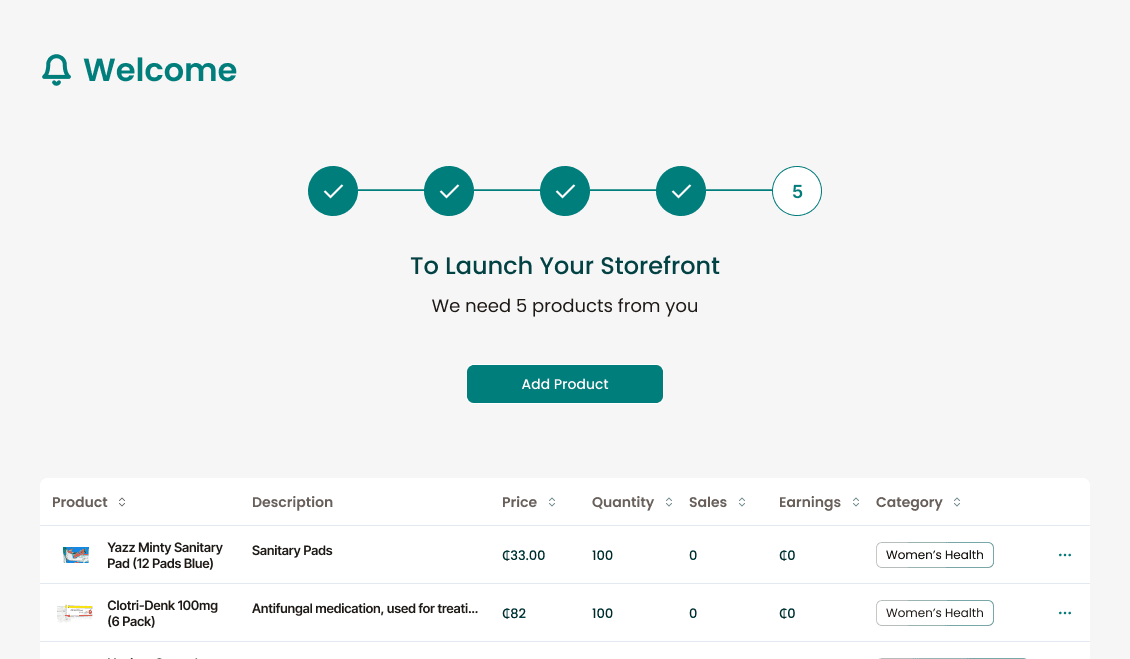 Store launch: 5-product checklist with progress bar advancing toward go-live