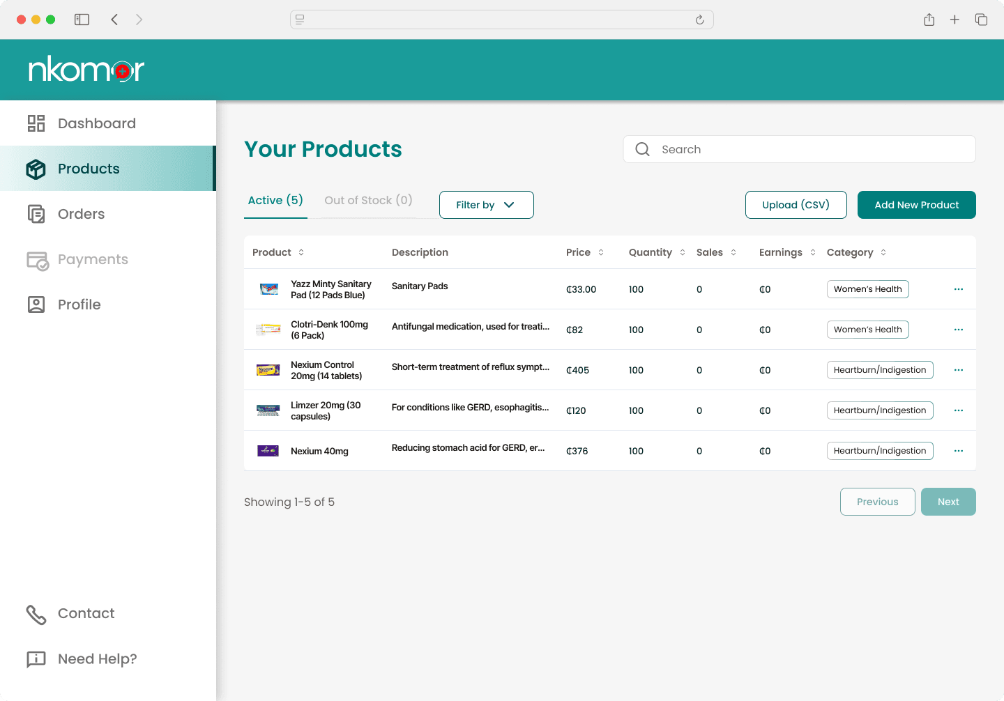 NKOMOR product table with CSV upload