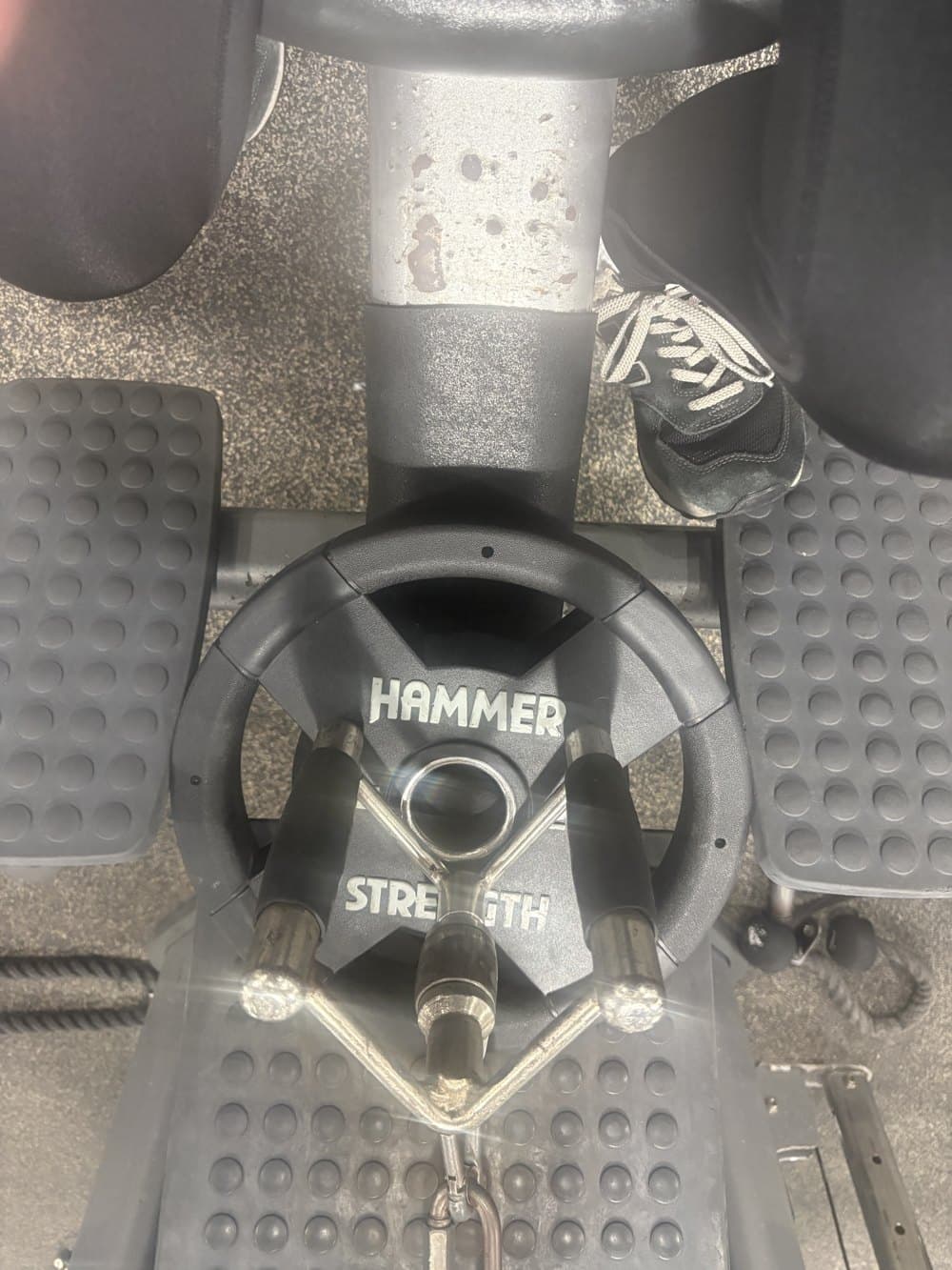 A loaded Hammer Strength leg press seen from the seat
