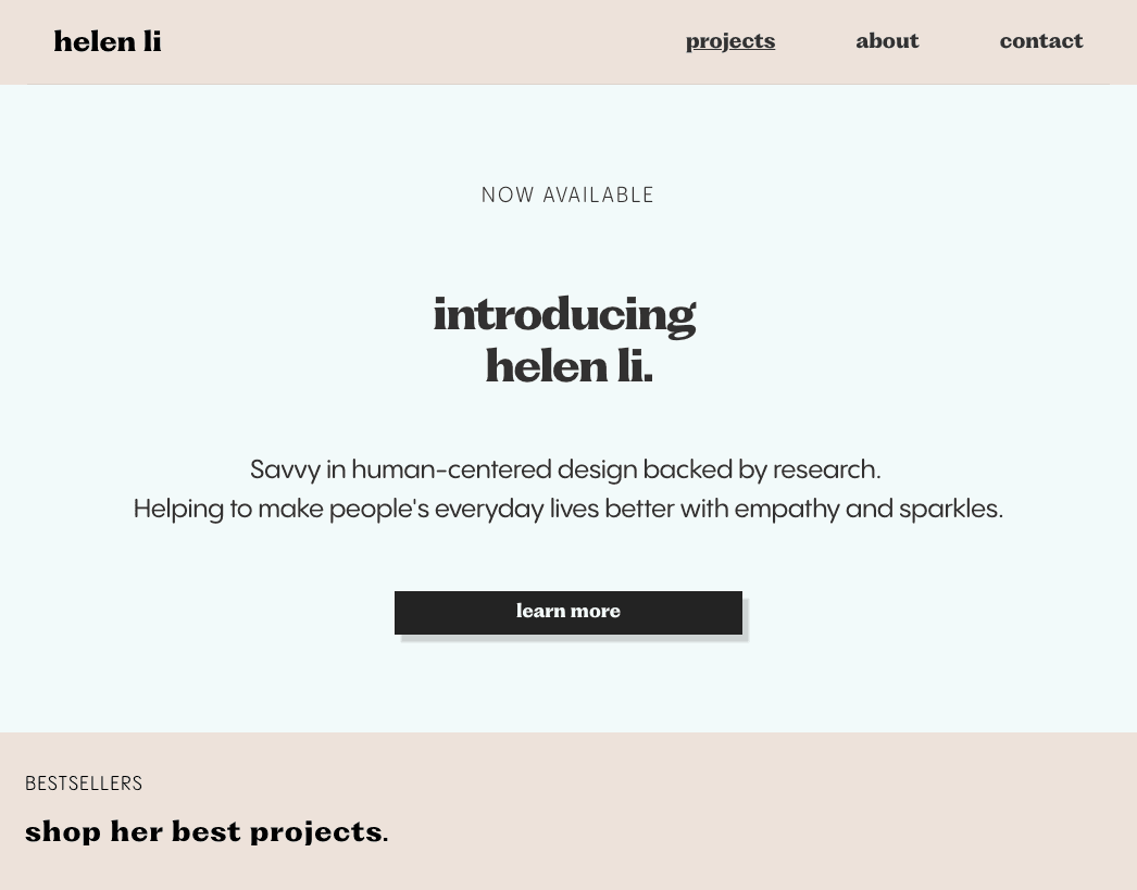 Helen Li portfolio v1 homepage screenshot